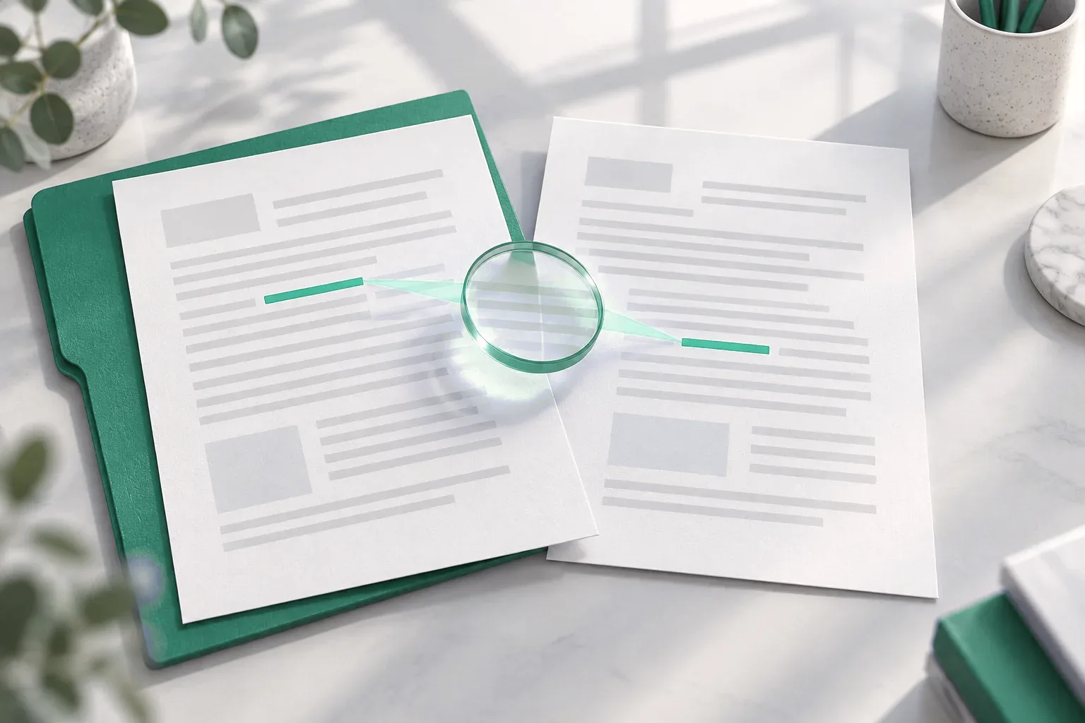Illustration of two document excerpts with highlighted lines and a blue comparison lens