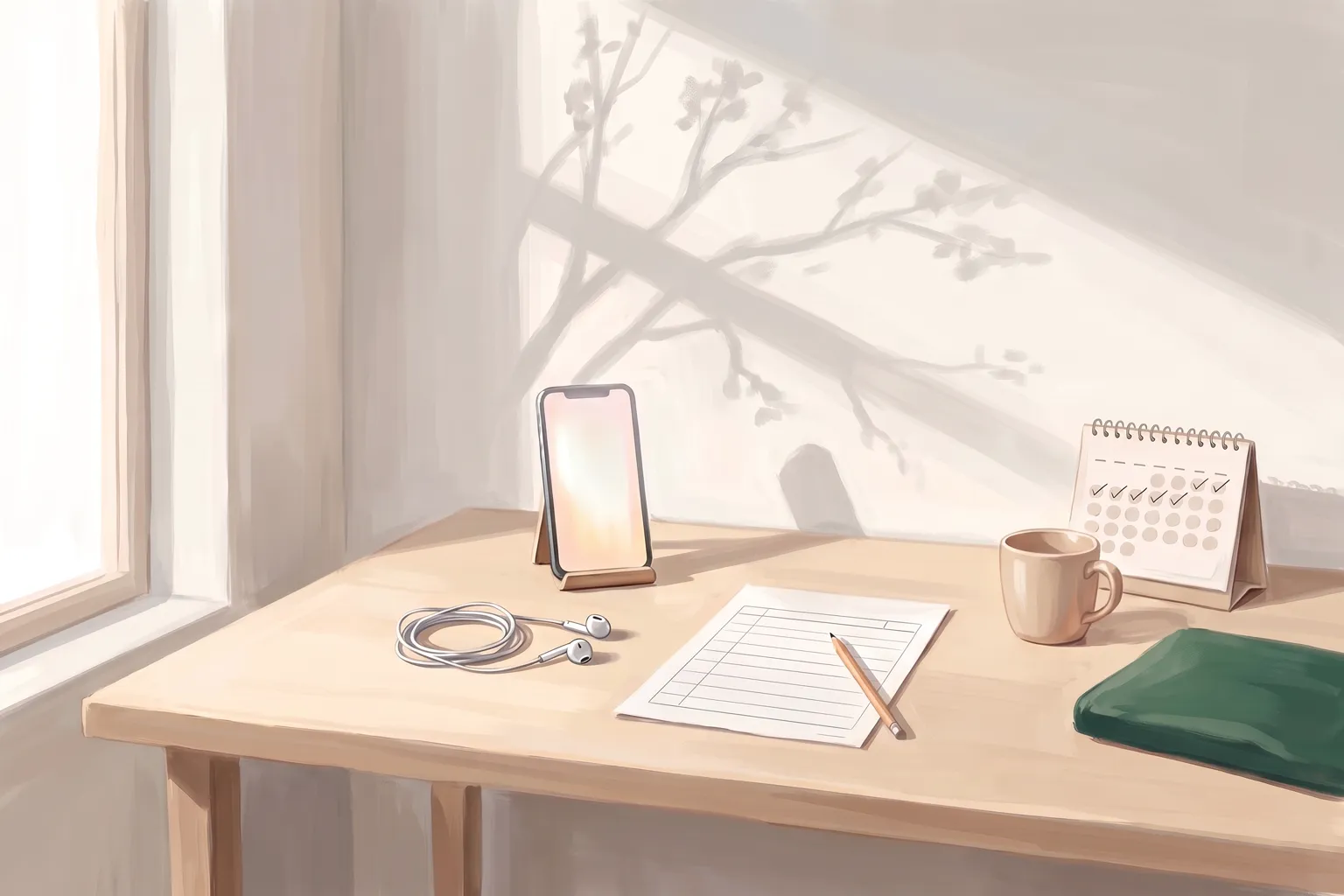 A sunlit practice desk: a phone on a stand, earphones, a lined prep sheet and pencil, and a desk calendar with days ticked off.