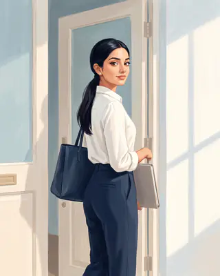 Illustration of Anu stepping out of her door in her interview clothes