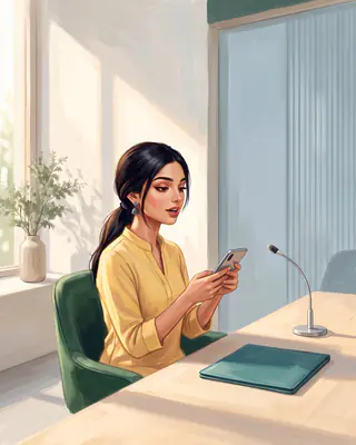 Illustration of Anu practising her answer aloud in a green chair by the window