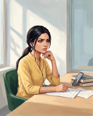 Illustration of Anu, a fictional applicant, stuck at her desk